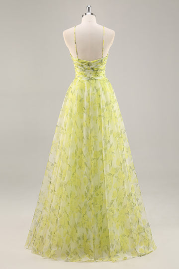 Yellow Green Halter Print Floral Prom Dress With 3D Flower